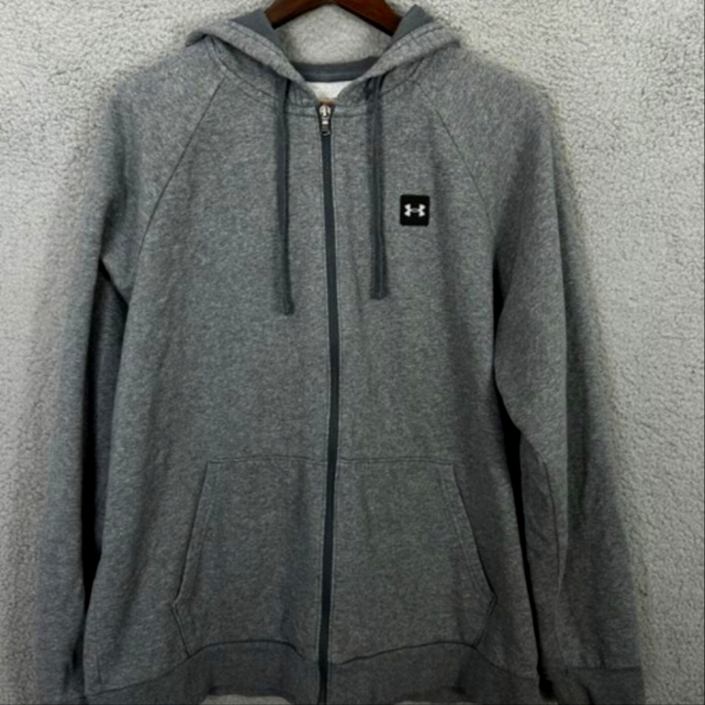 Under Armour sweatshirt mens XL gray black logo full zip hoodie cold gear loose